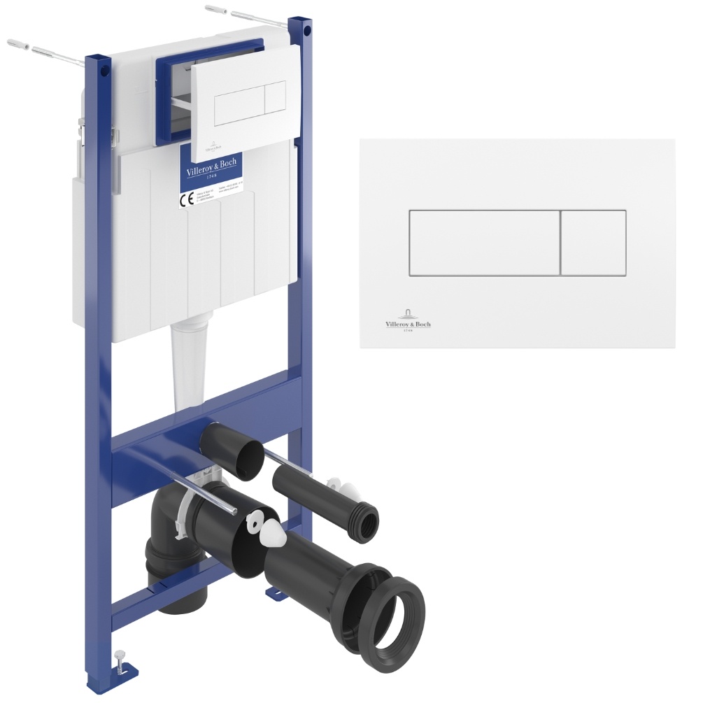 Product cut out photo of Villeroy & Boch ViConnect Pro S 1.12m Toilet Frame in White with dual flush plate pack 92122868